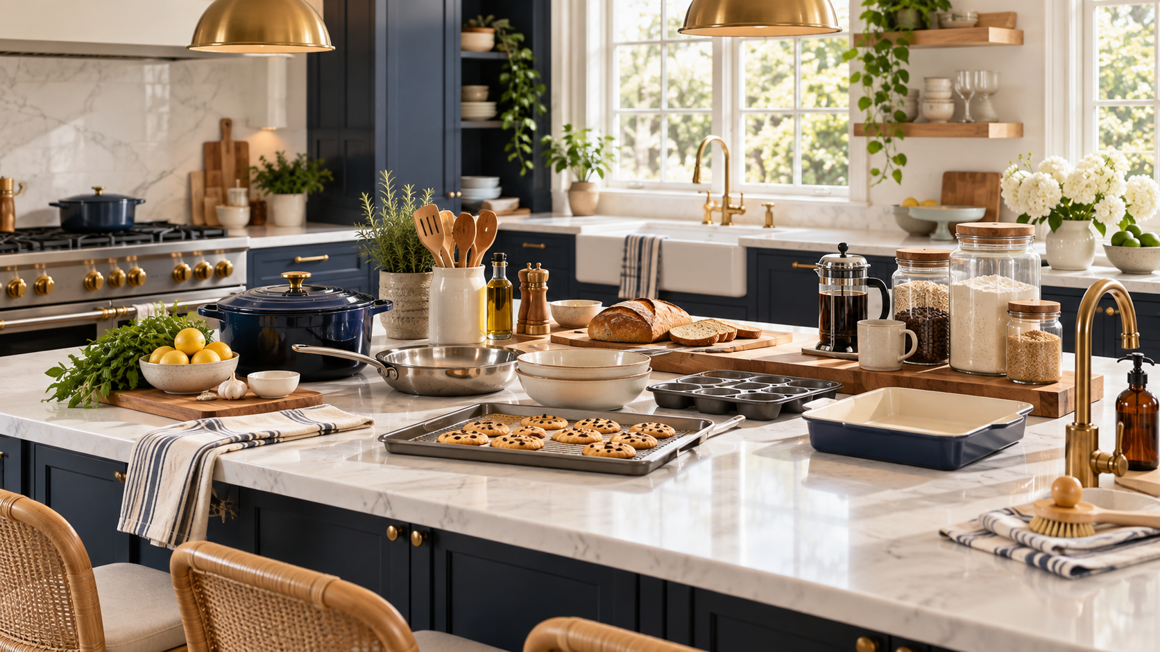Bright complete kitchen setup with cookware, bakeware, coffee tools, and pantry storage